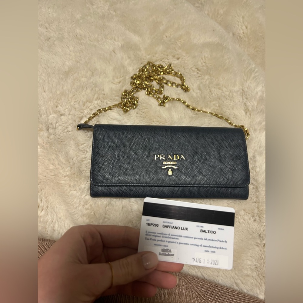 Authentic Prada wallet on chain saffiano leather navy